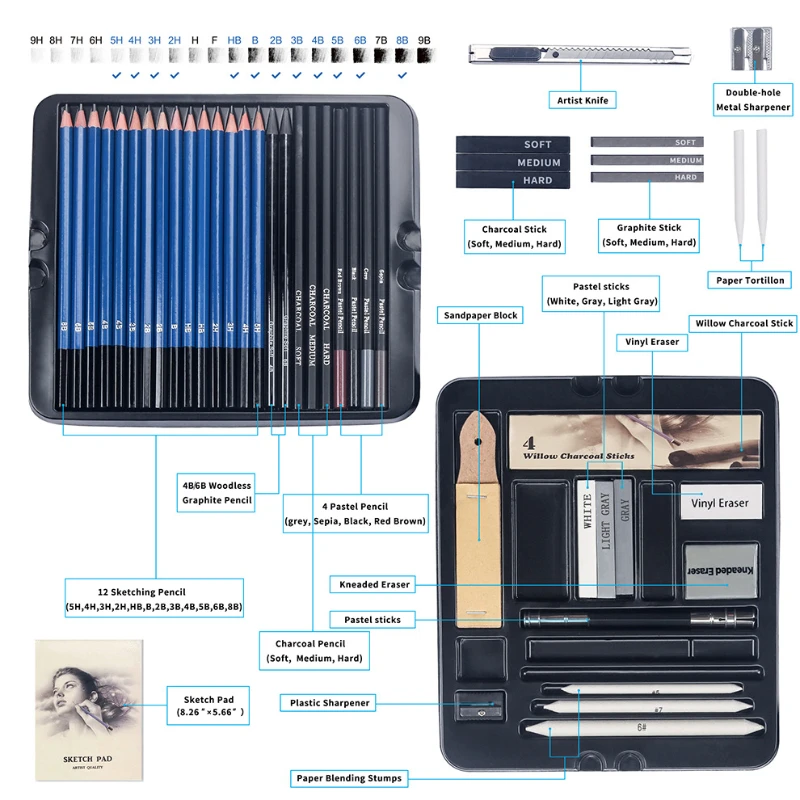 50 Pcs Sketching Pencil Set Wo - Sketching Charcoal Set 리뷰 및 가격
